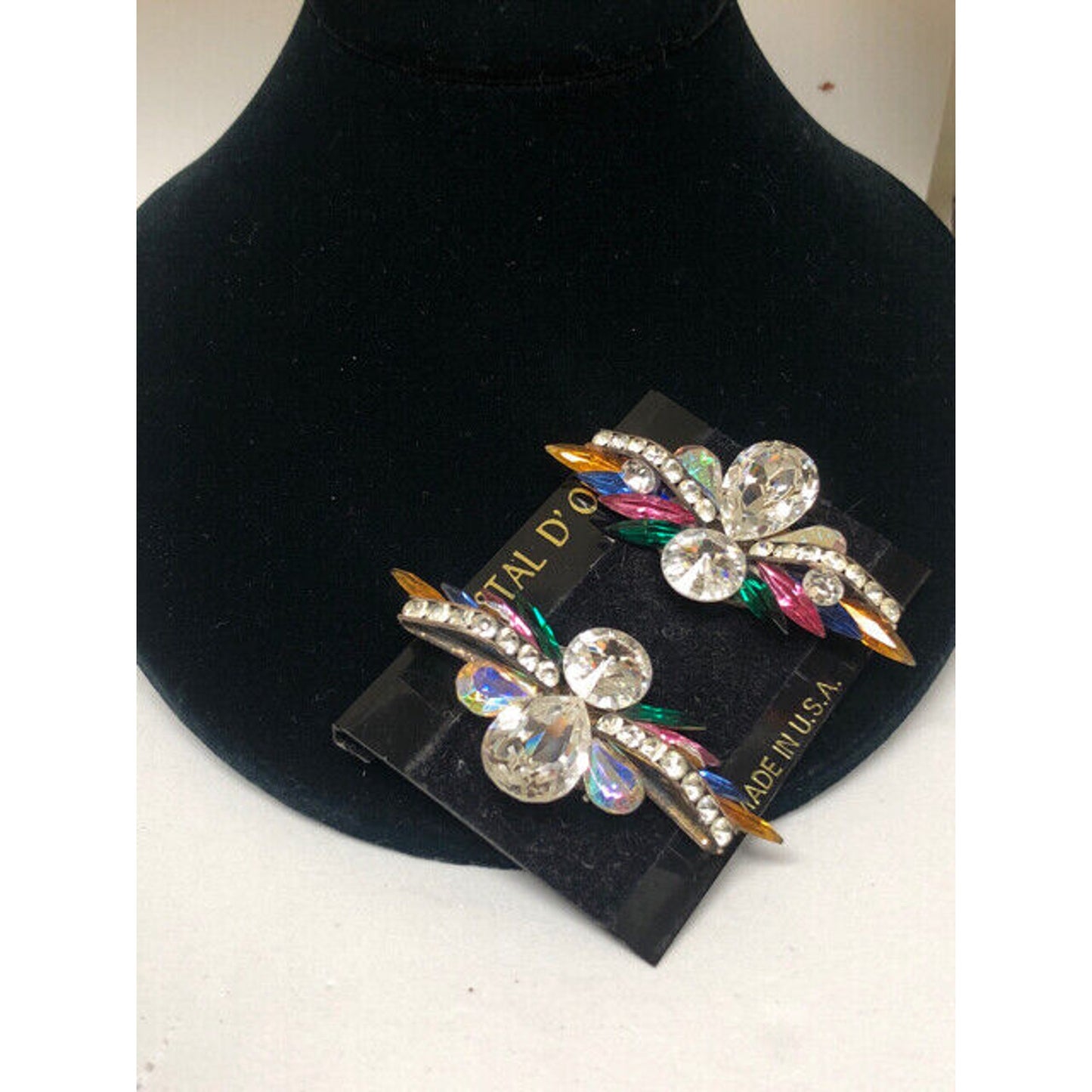 Huge 1980's multi Color Crystal Clip Back Earrings on Card