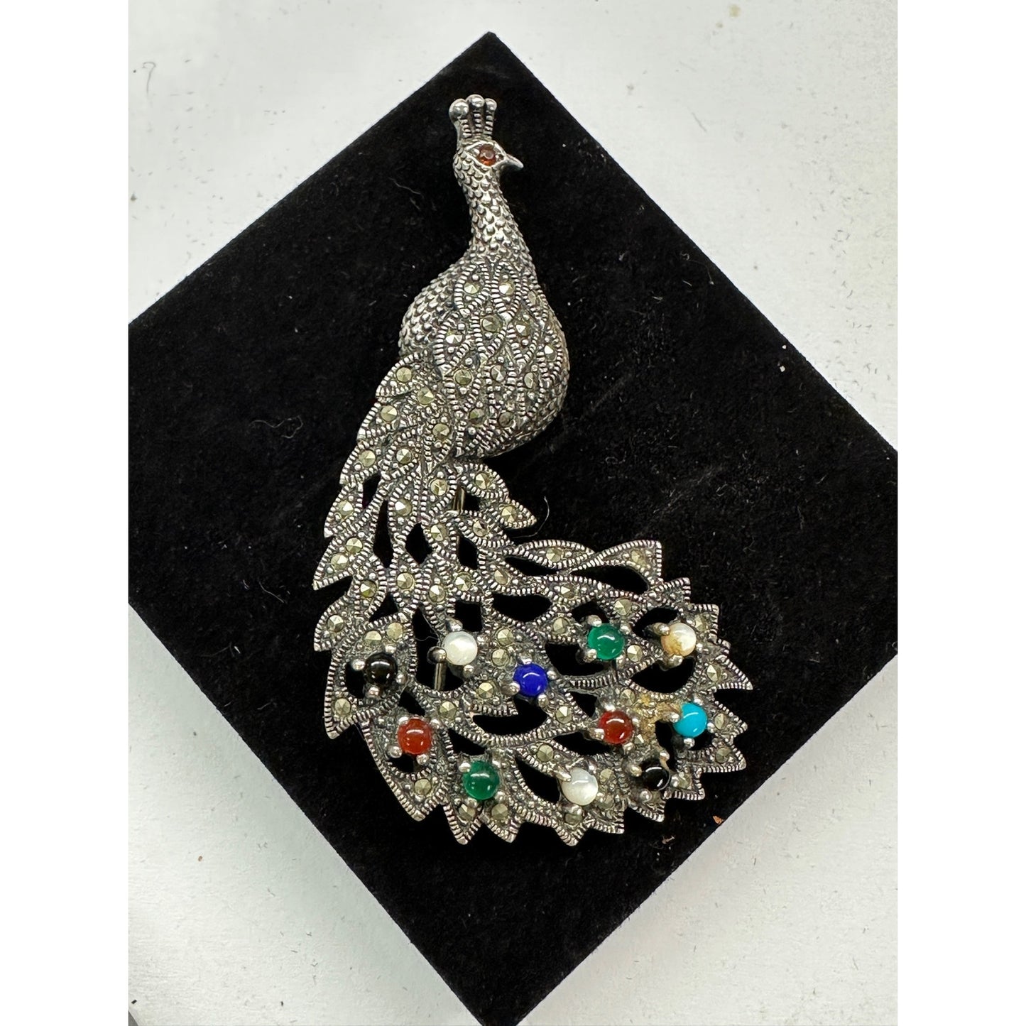 Fabulous Sterling Silver Marcasite multi stone PEACOCK Brooch Pin