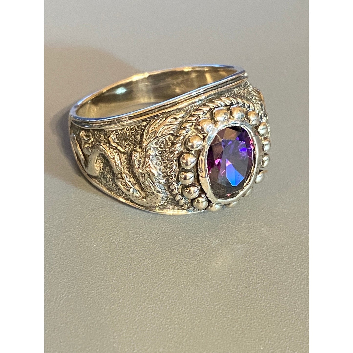 Vintage Sterling Silver Chinese Dragon Amethyst Ring Sz 8 3/4 Size