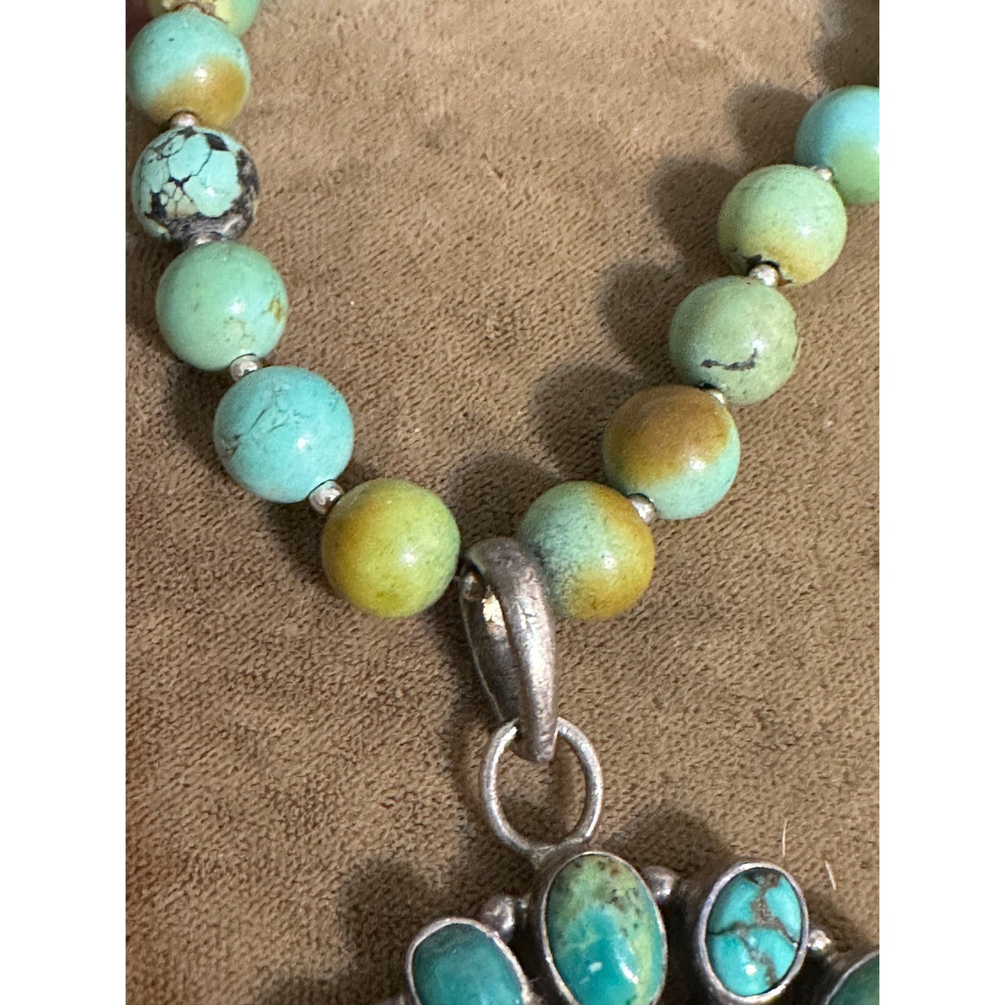 Amazing 8mm Beaded Turquoise Necklace with Silver Turquoise Ancient Coin Pendant