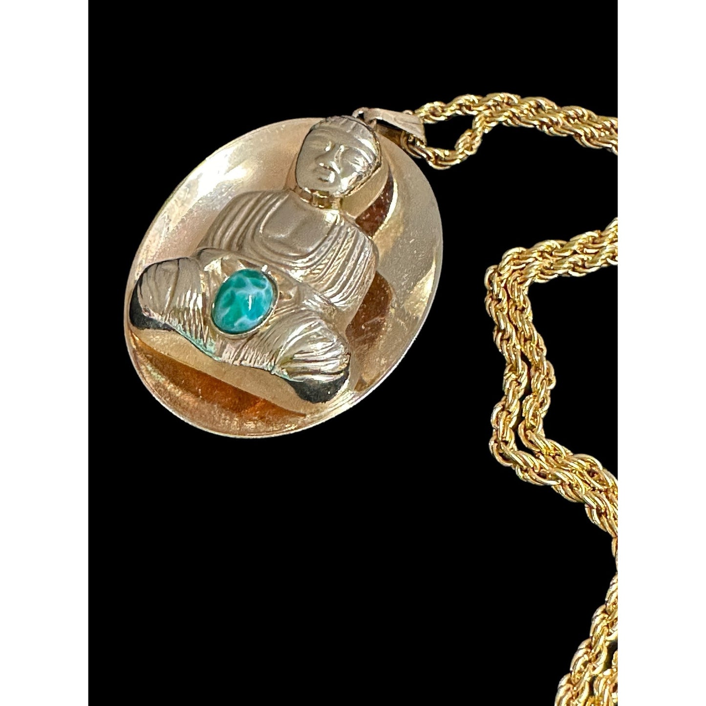 Vintage Goldtone Large Oval Jeweled Buddha Pendant Necklace