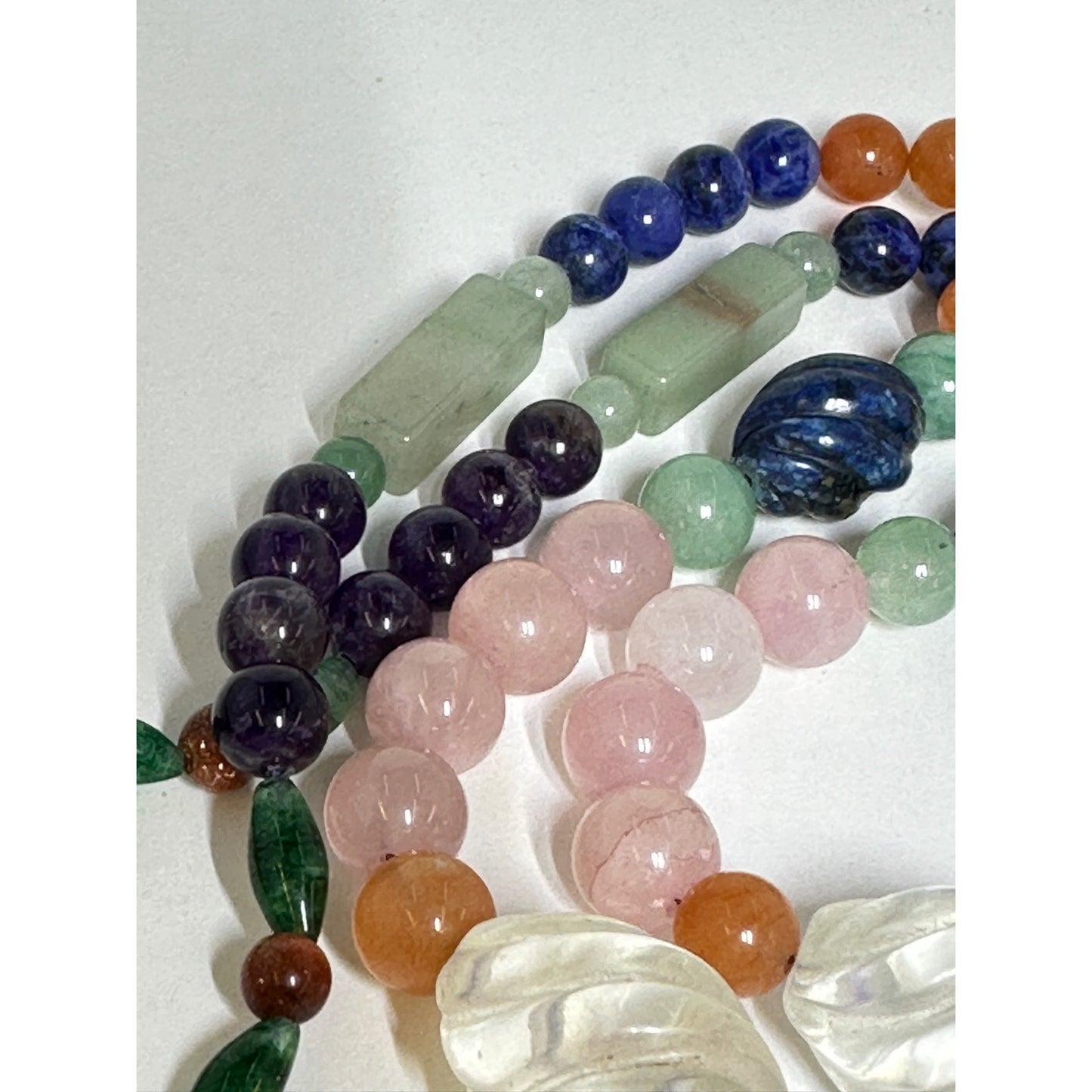 Long Multi Gemstone Beaded Lapis Tiger Eye Quartz Jade Necklace w/ Large Jade Figural Pendant