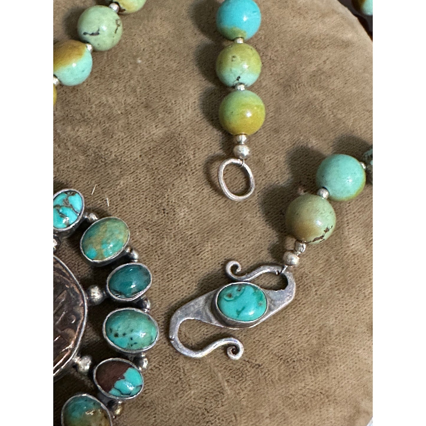 Amazing 8mm Beaded Turquoise Necklace with Silver Turquoise Ancient Coin Pendant