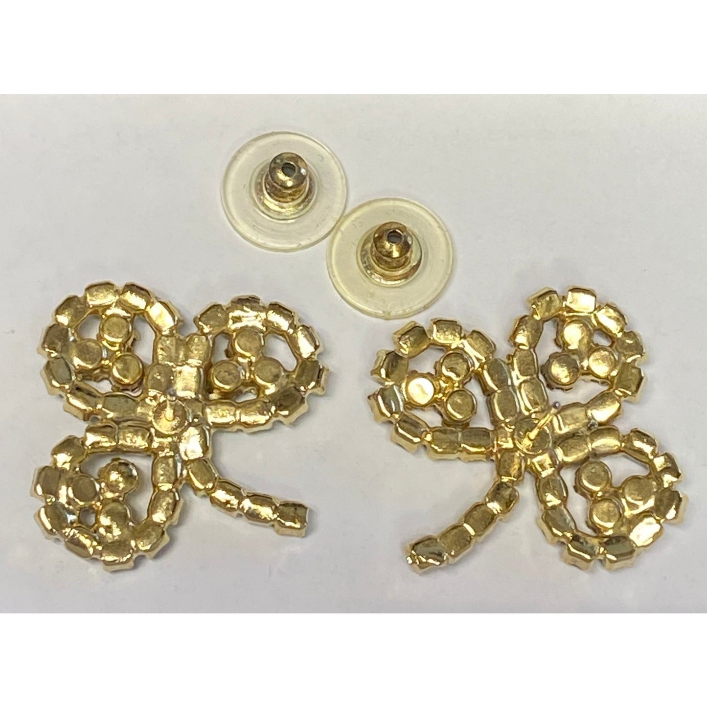 Vintage Large Goldtone Green Rhinestone SHAMROCK Pierced Earrings