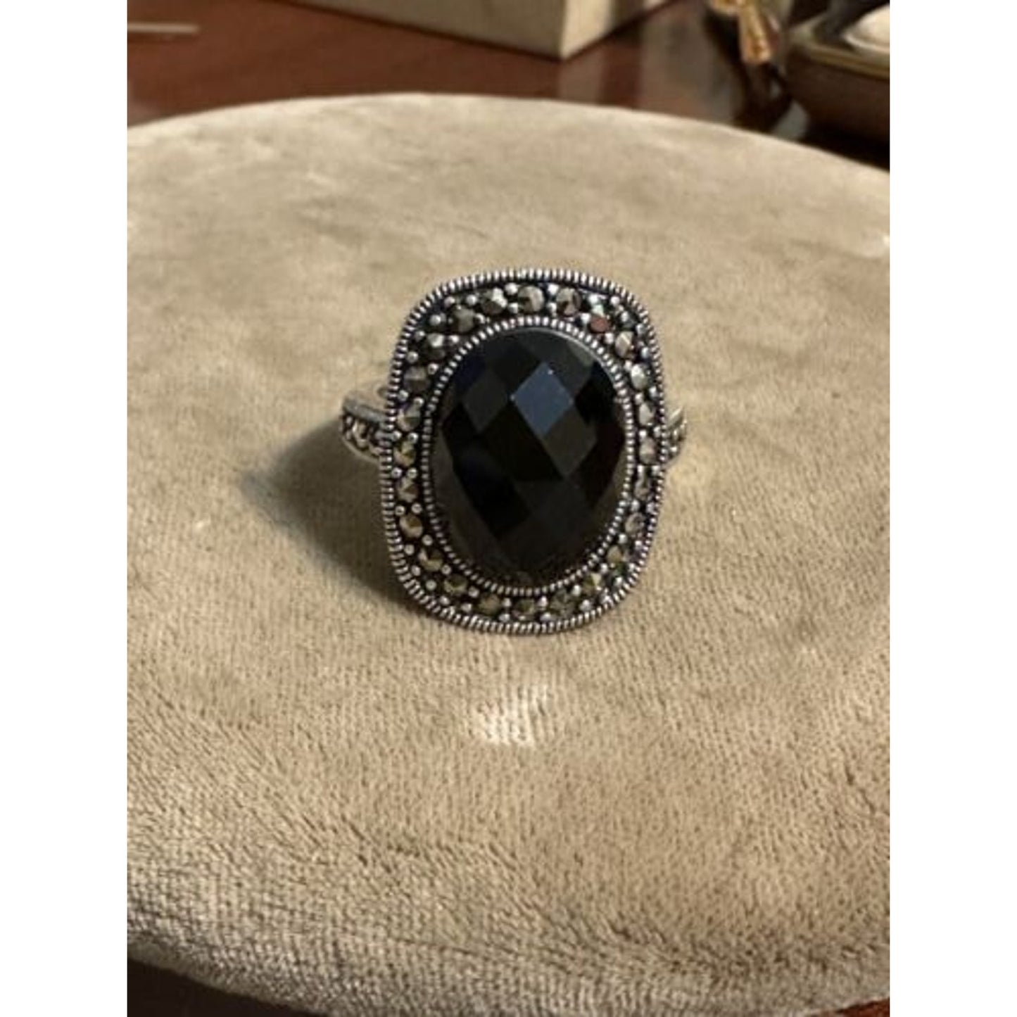 Sterling Silver Marcasite Faceted Onyx Ring Size 9