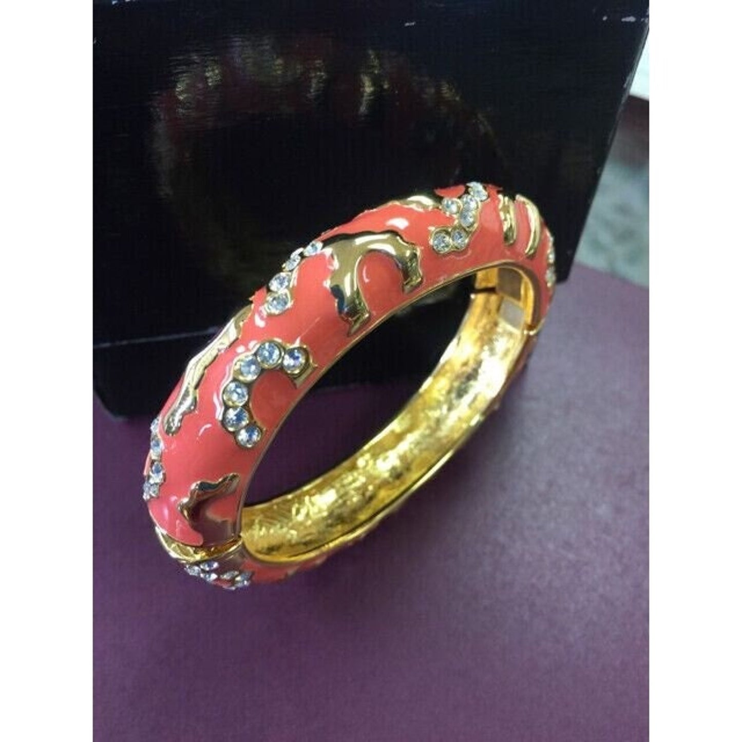Joan Rivers Coral Enamel Rhinestone 6 3/4" Bangle Bracelet in Box