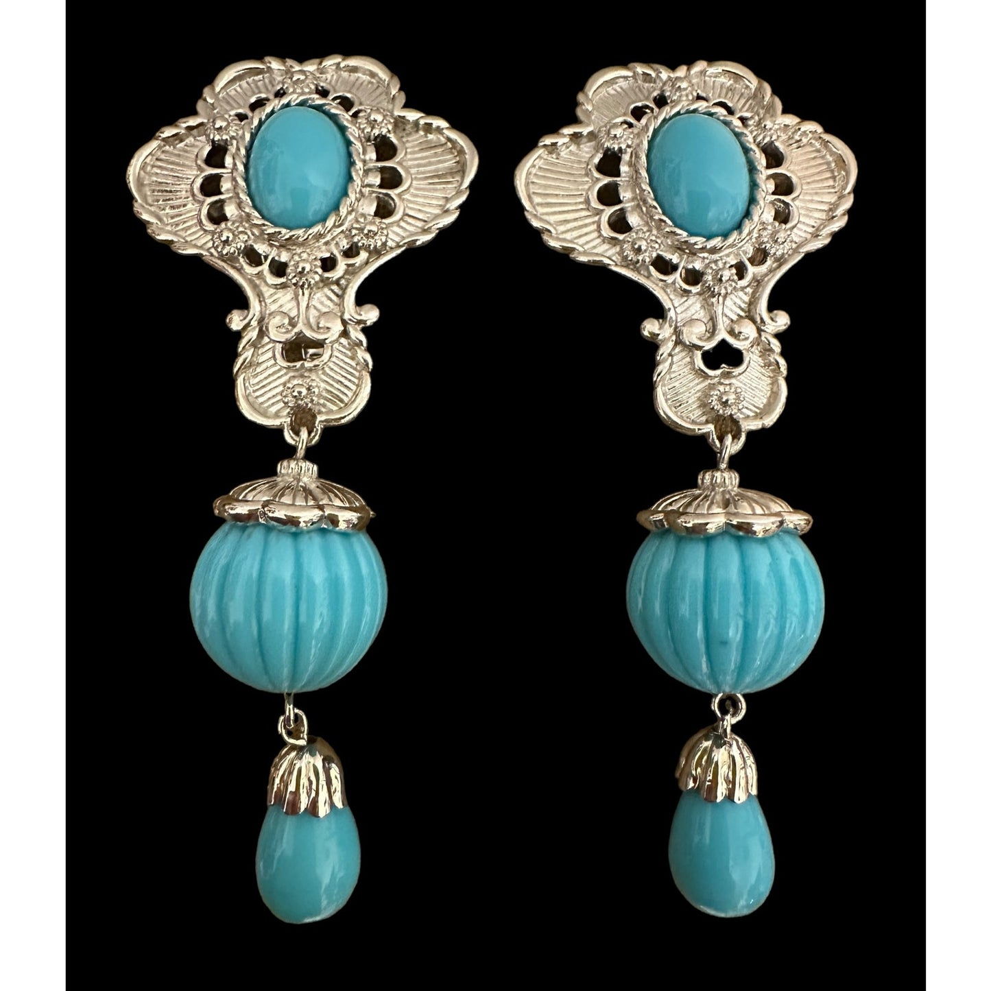 Vintage Huge Barrera for Avon Silver-tone Faux Turquoise Dangle Clip Earrings