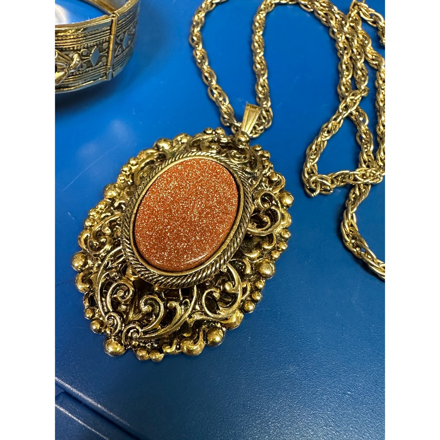 Vintage Victorian Style Goldtone Goldstone Necklace & Hinged Bangle