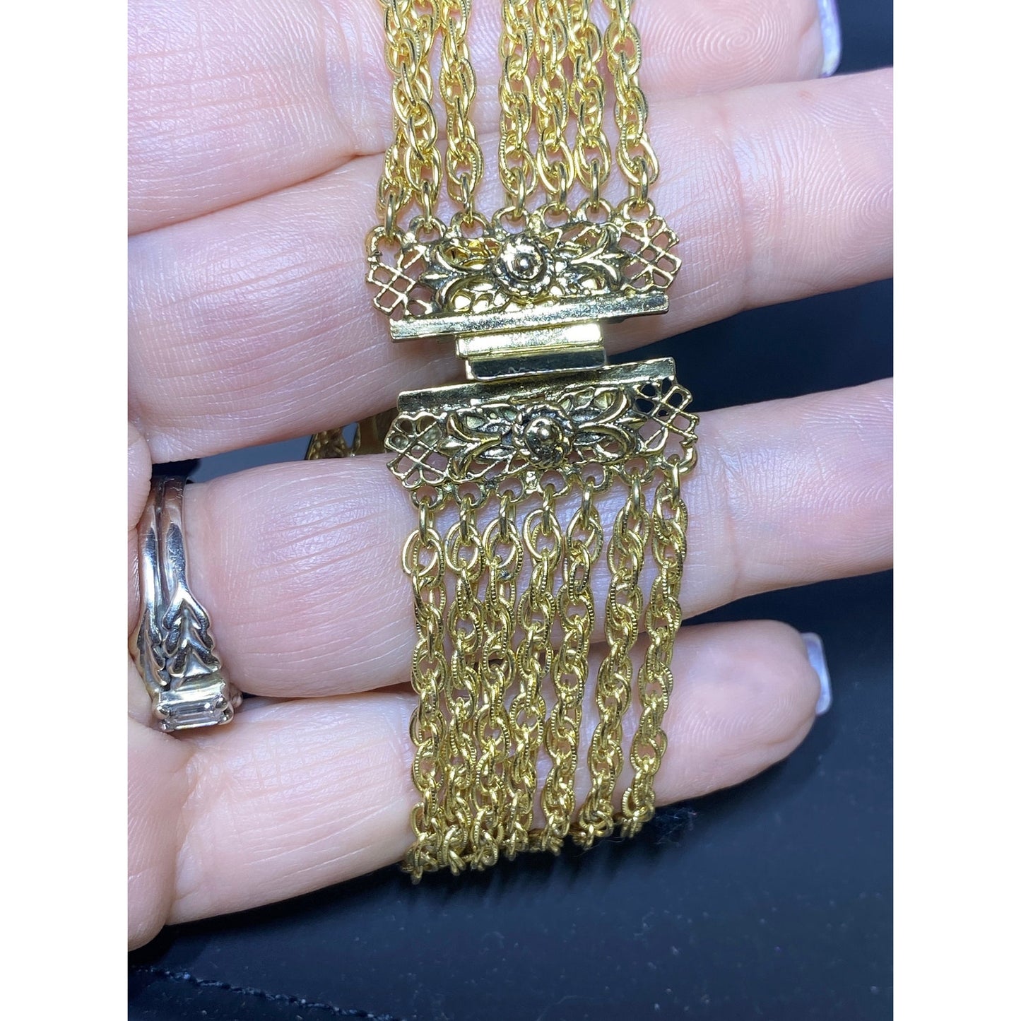 Vintage Goldtone MOP Victorian Style Ornate Bracelet 7 Strand Chain Box Clasp