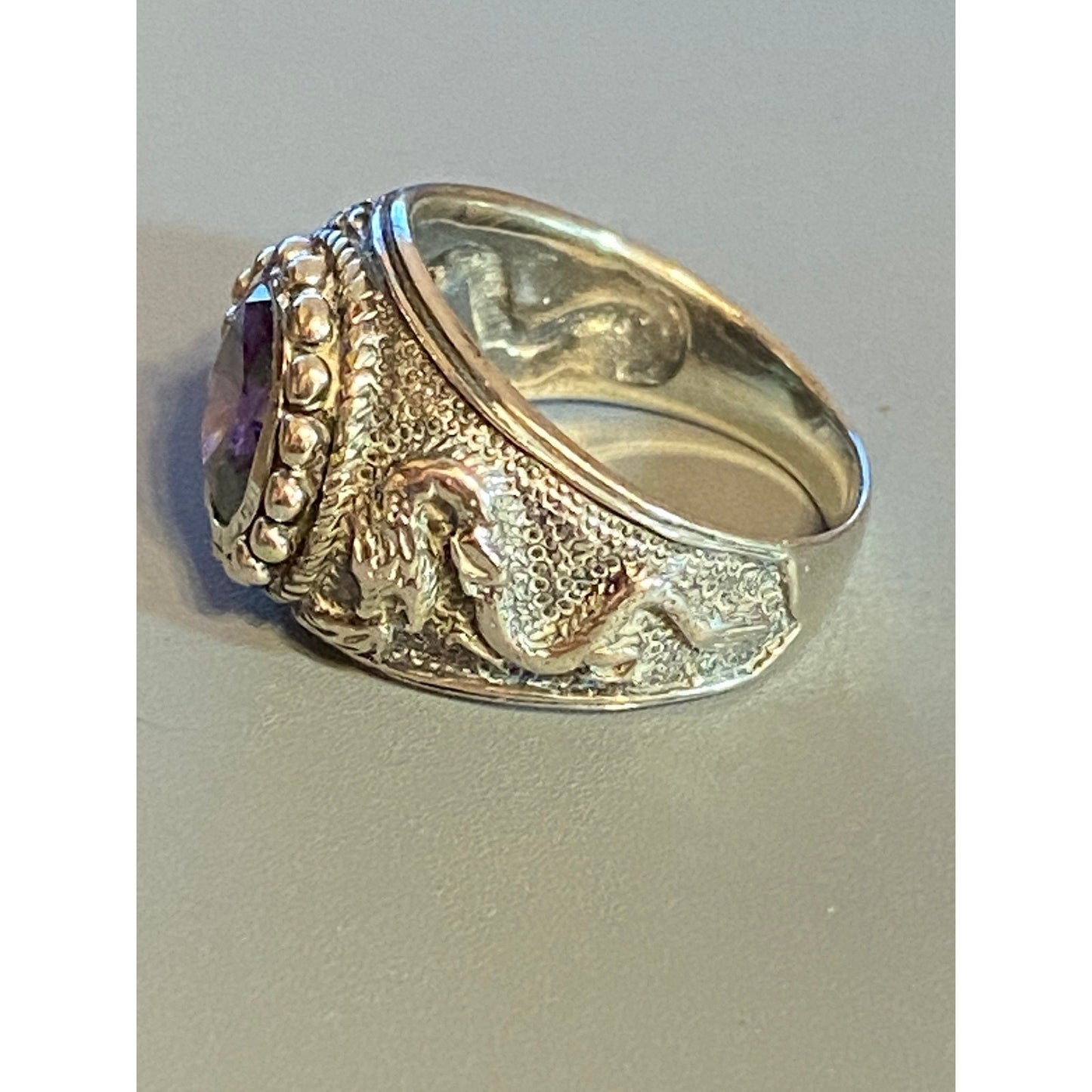 Vintage Sterling Silver Chinese Dragon Amethyst Ring Sz 8 3/4 Size