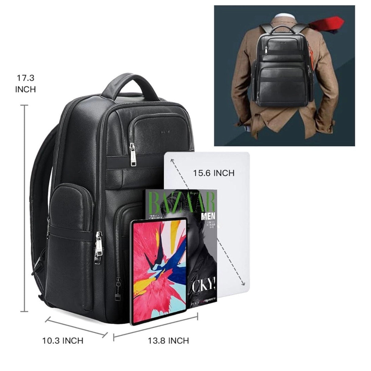 BOPai Black Leather Laptop Business Backpack for 15.6 inch Computer w/USB