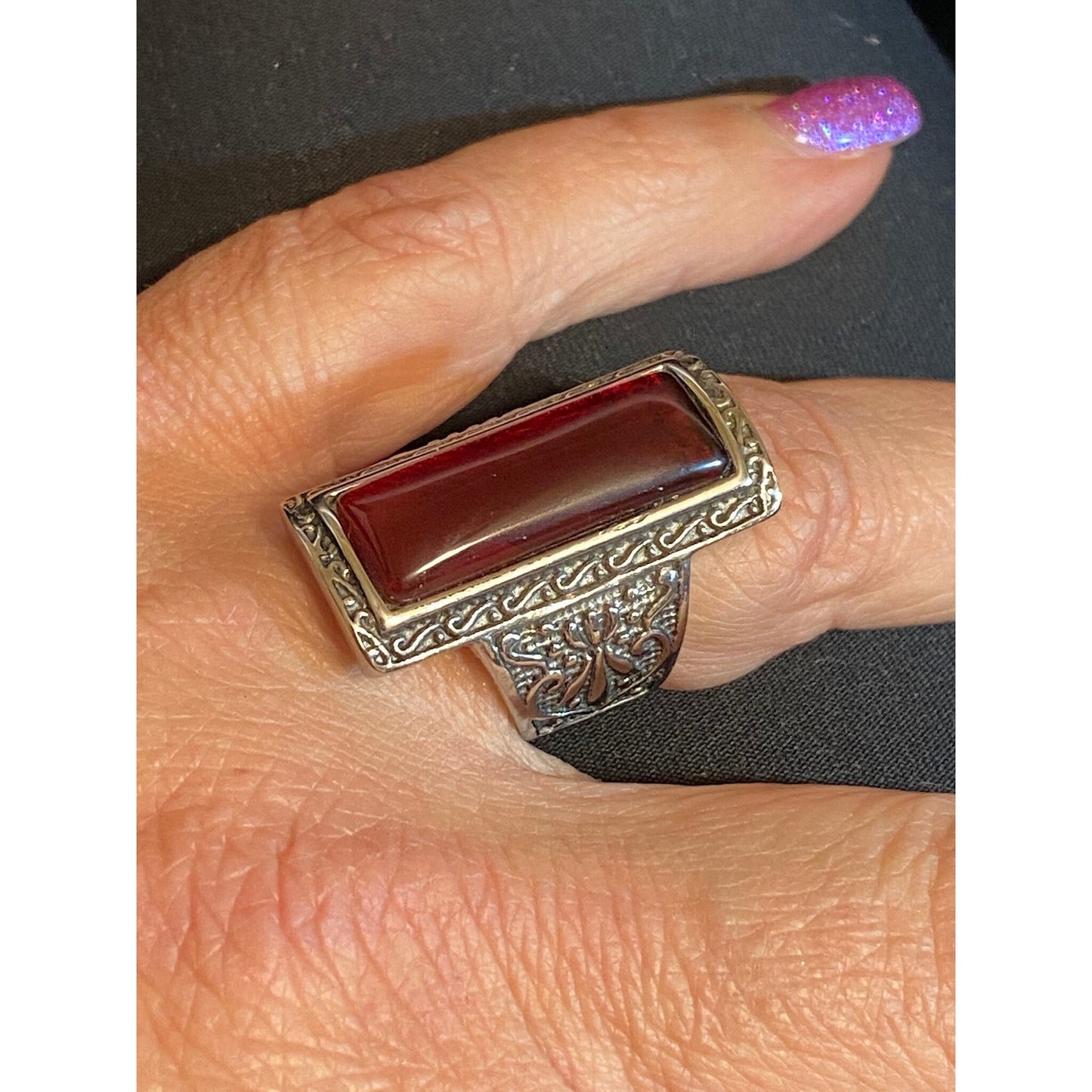 Stainless Steel 316L Elongated Red Stone Ring Size 8.5 Unisex