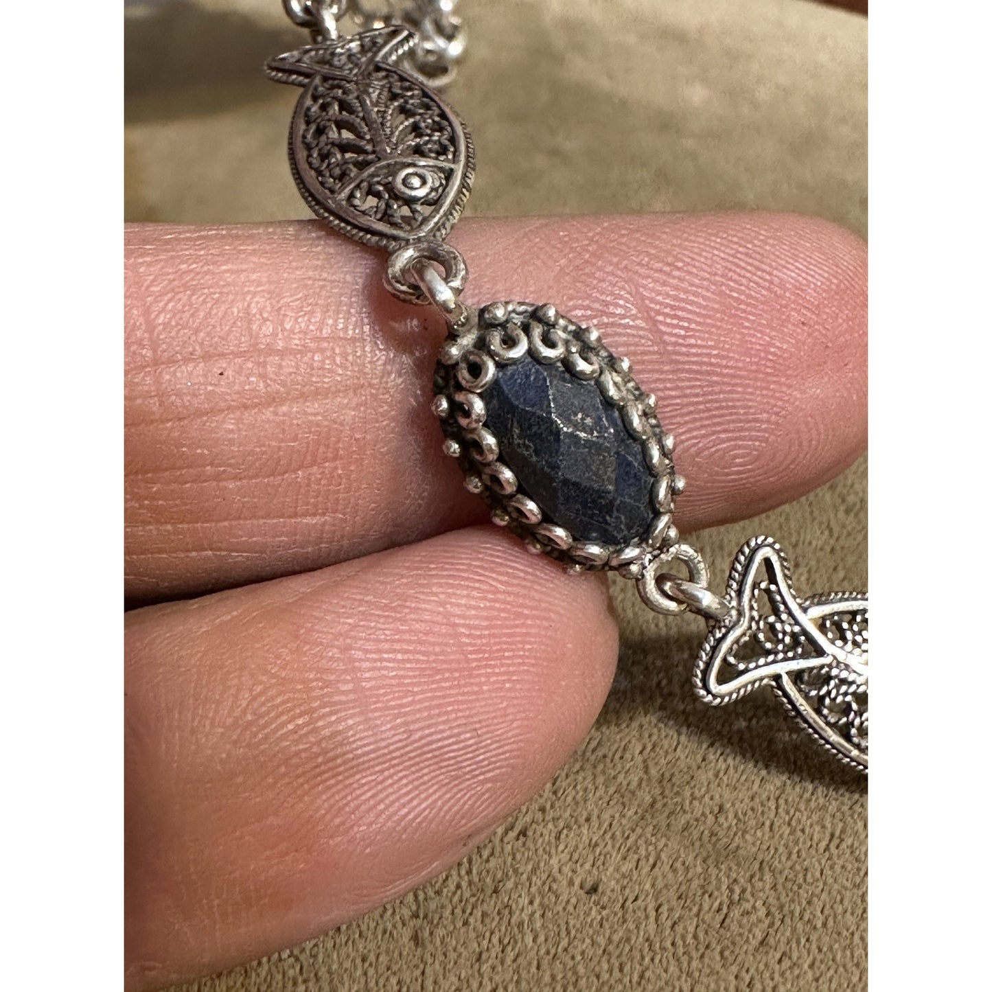 DGS Sterling Silver Filigree Fish Lapis Link Bracelet