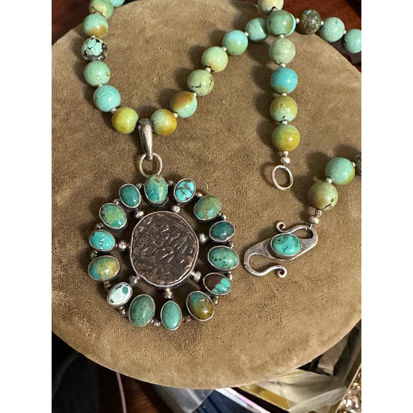 Amazing 8mm Beaded Turquoise Necklace with Silver Turquoise Ancient Coin Pendant