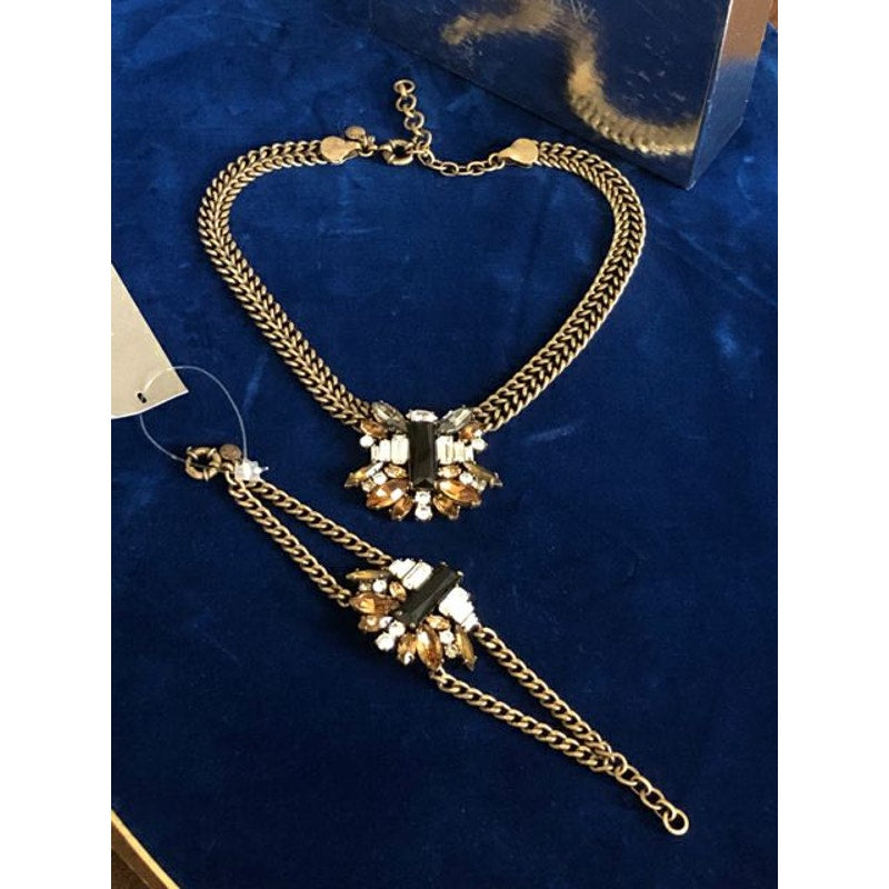 J. Crew Goldtone Topaz Onyx Rhinestone Necklace & Bracelet Set in Box