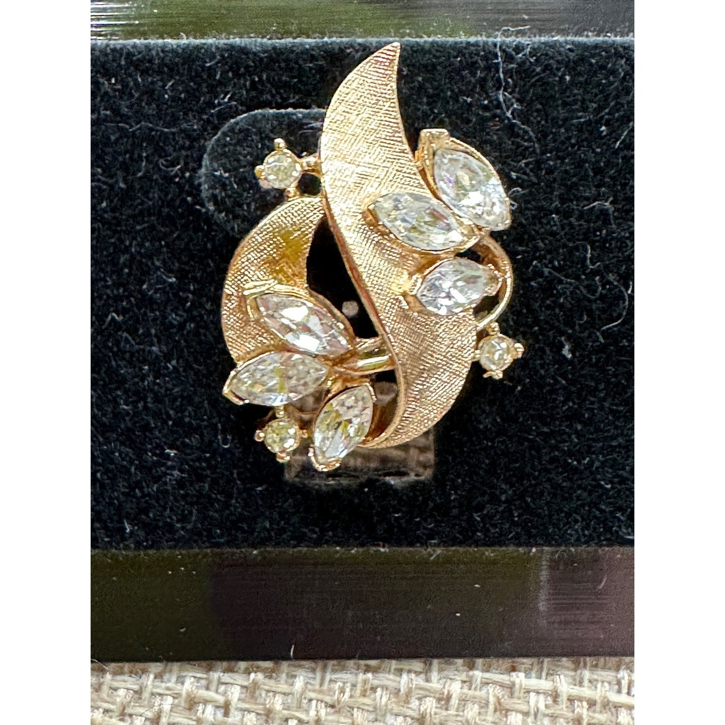 Vintage Crown Trifari Brushed Goldtone Clear Rhinestone Clip Earrings