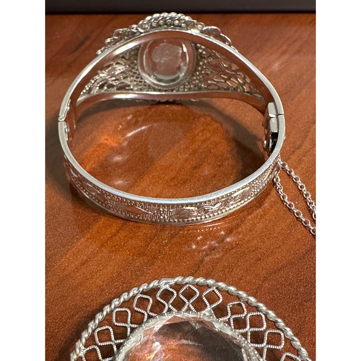 Vintage Whiting & Davis Silvertone Glass Cameo Necklace, Bracelet & Brooch
