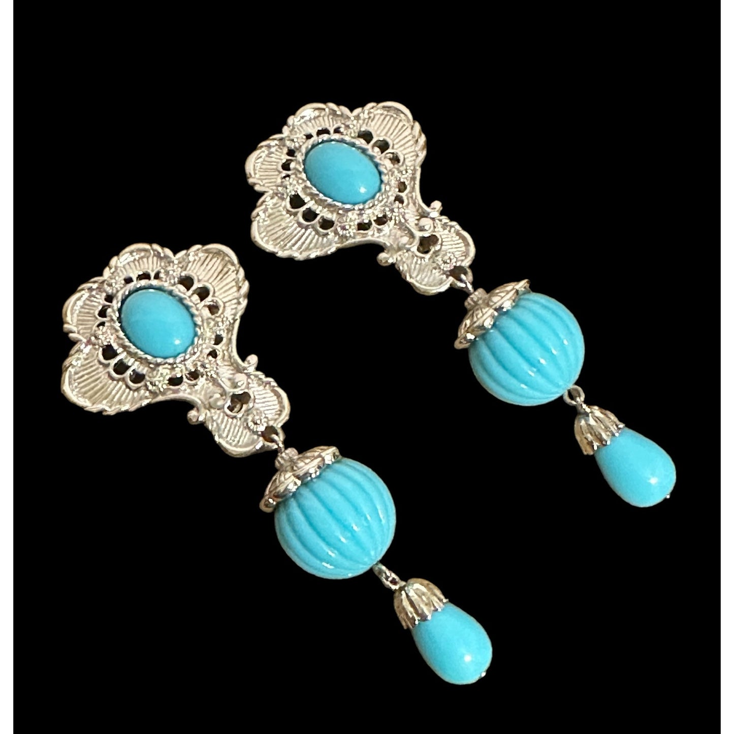 Vintage Huge Barrera for Avon Silver-tone Faux Turquoise Dangle Clip Earrings