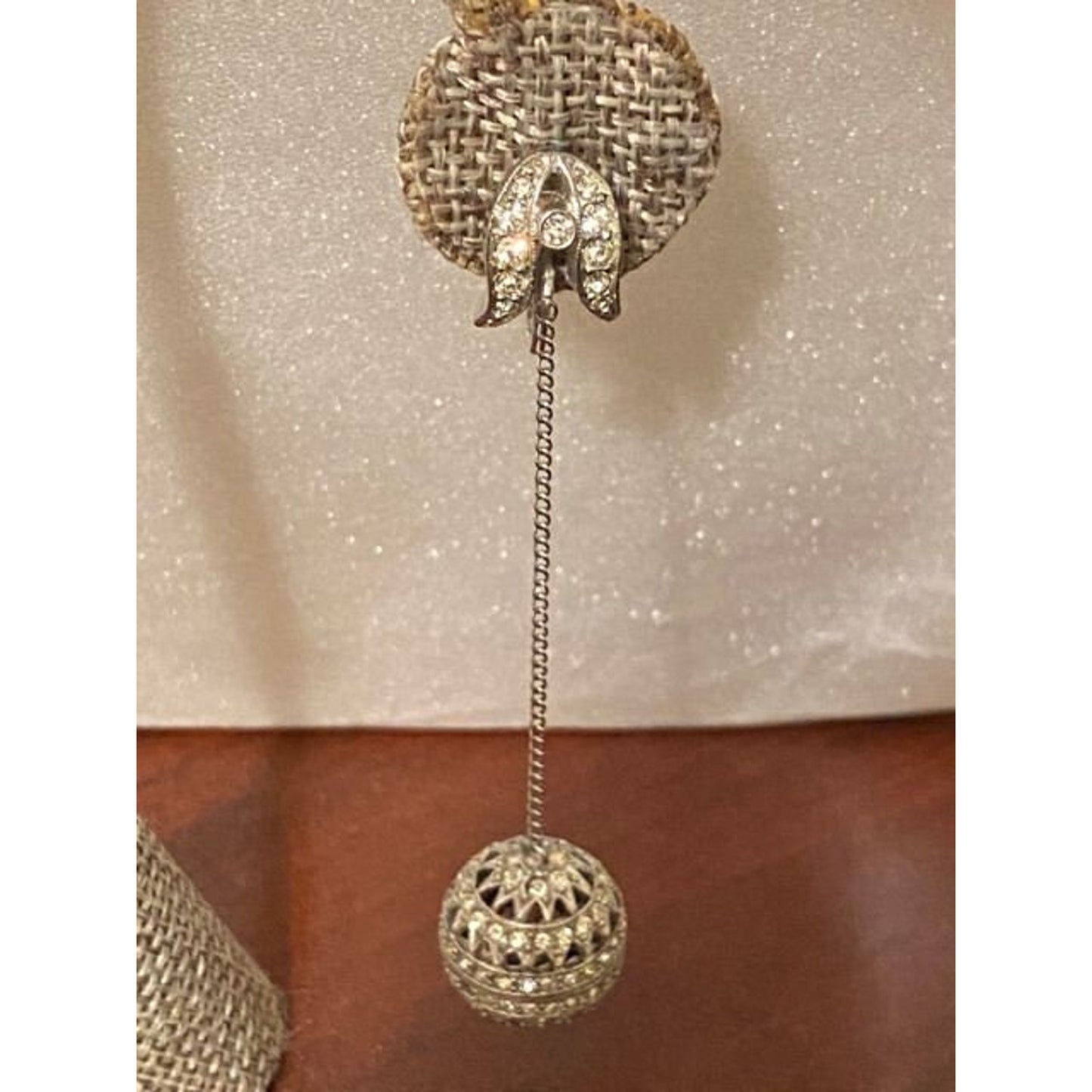 Vintage Silvertone CZ Filigree Ball Dangle Bead Clip Back Earrings