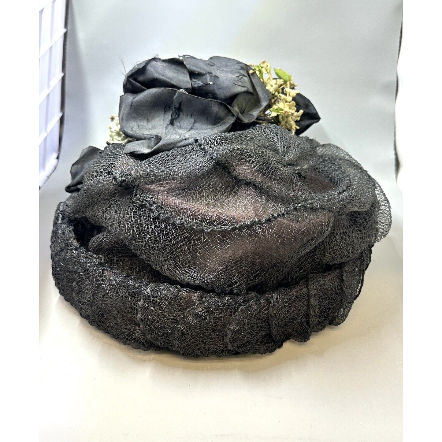 Vintage Victorian Wire Framed Black Net Ribbon & Velvet Flowers Hat