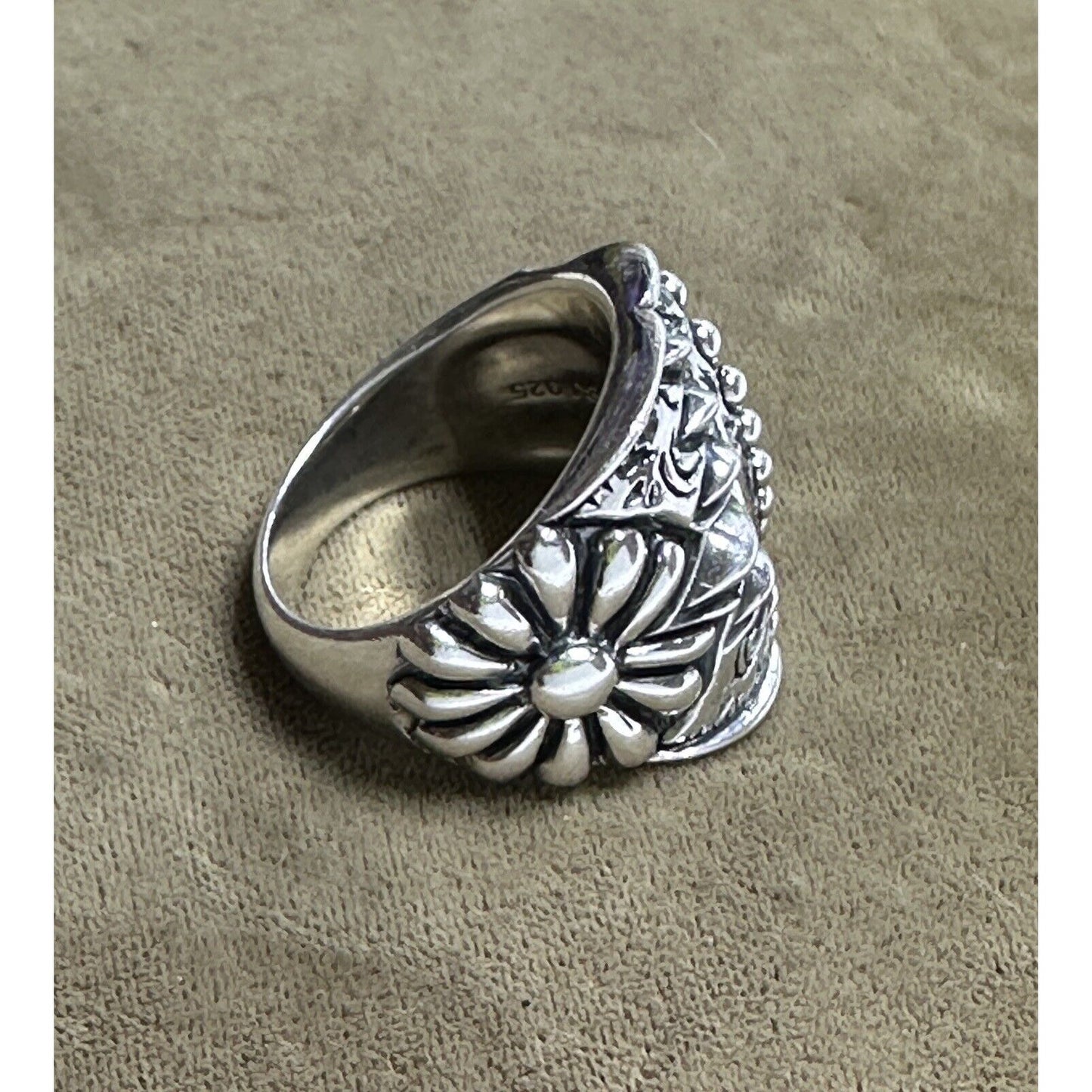 BBJ Sterling Silver Wide Floral Repousse Ring Size 8 3/4