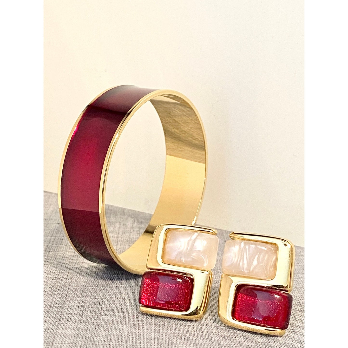 Vintage MONET Goldtone Cherry Red Metallic Bangle & Clip Earrings