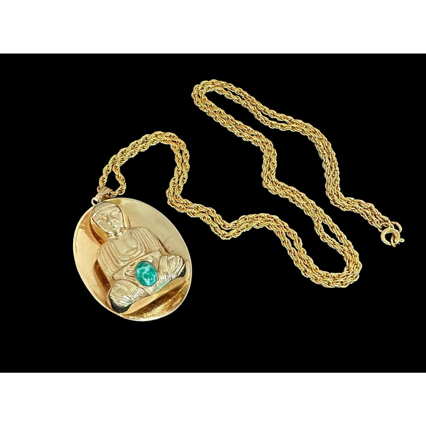 Vintage Goldtone Large Oval Jeweled Buddha Pendant Necklace