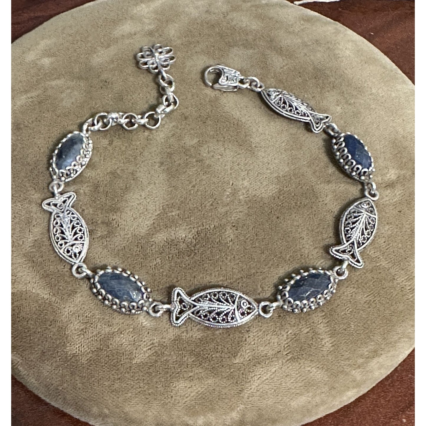 DGS Sterling Silver Filigree Fish Lapis Link Bracelet