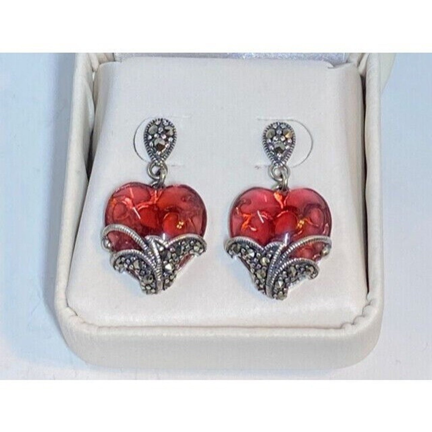 Ross Simons Sterling Marcacite Translucent Red Heart Dangle Earrings
