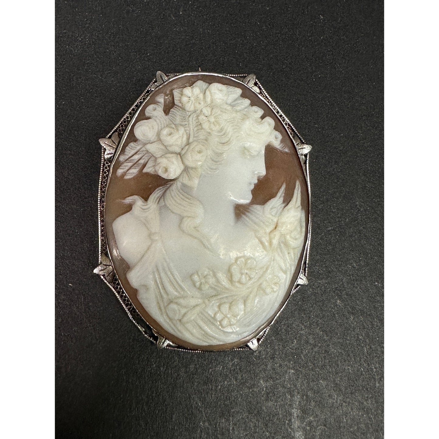 Large 14k White Gold Filigree Large Carved Shell Cameo Eyes Closed Pin/ Pendant