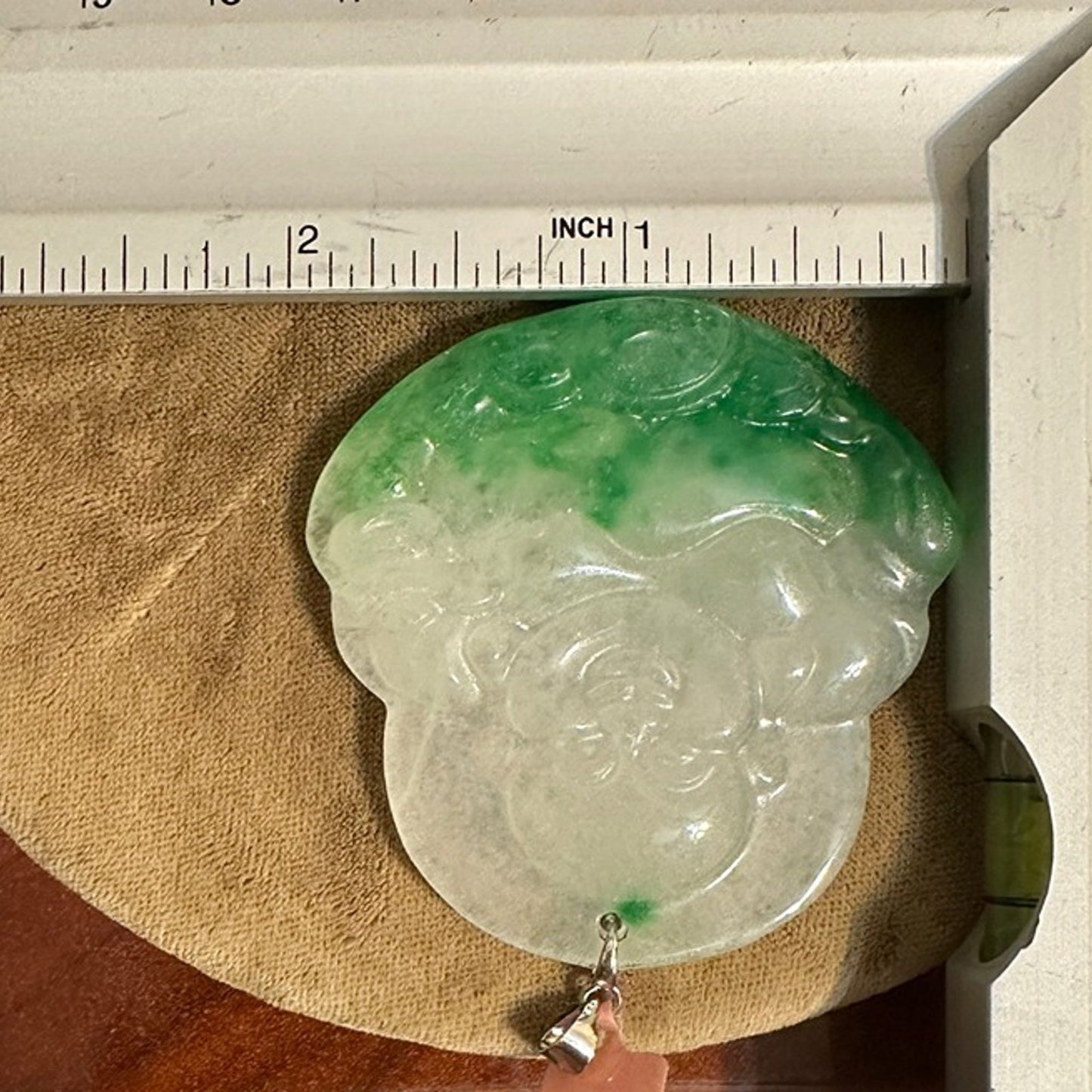 Chinese Export Carved Jade Happy Buddha Pendant - Translucent Moss on Snow
