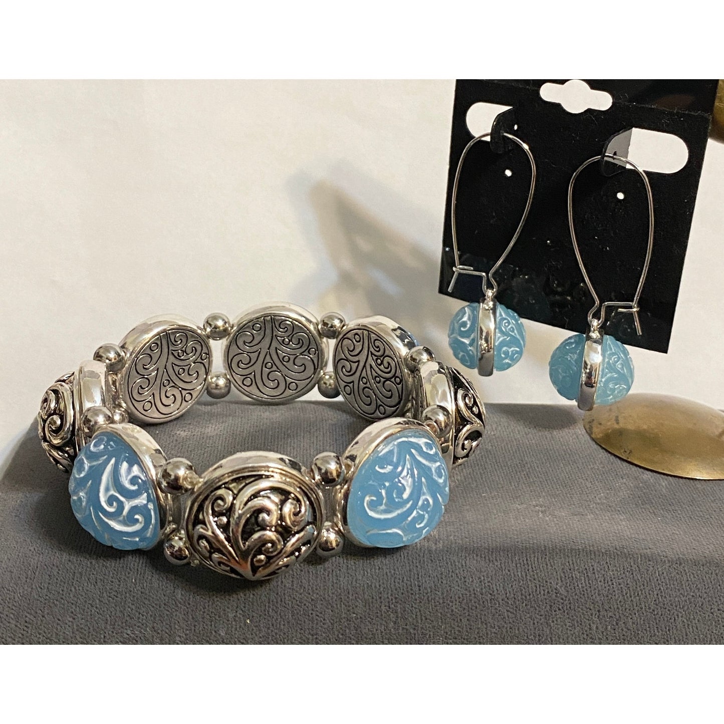 Lovely Brighton Silvertone Carved Blue Cabochon Bracelet Drop Earrings