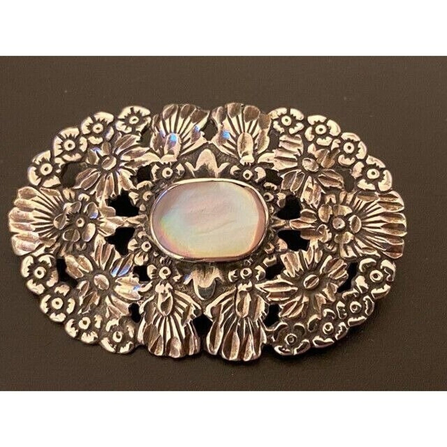 Vintage Sterling Silver Floral Repousse MOP Pin/ Pendant