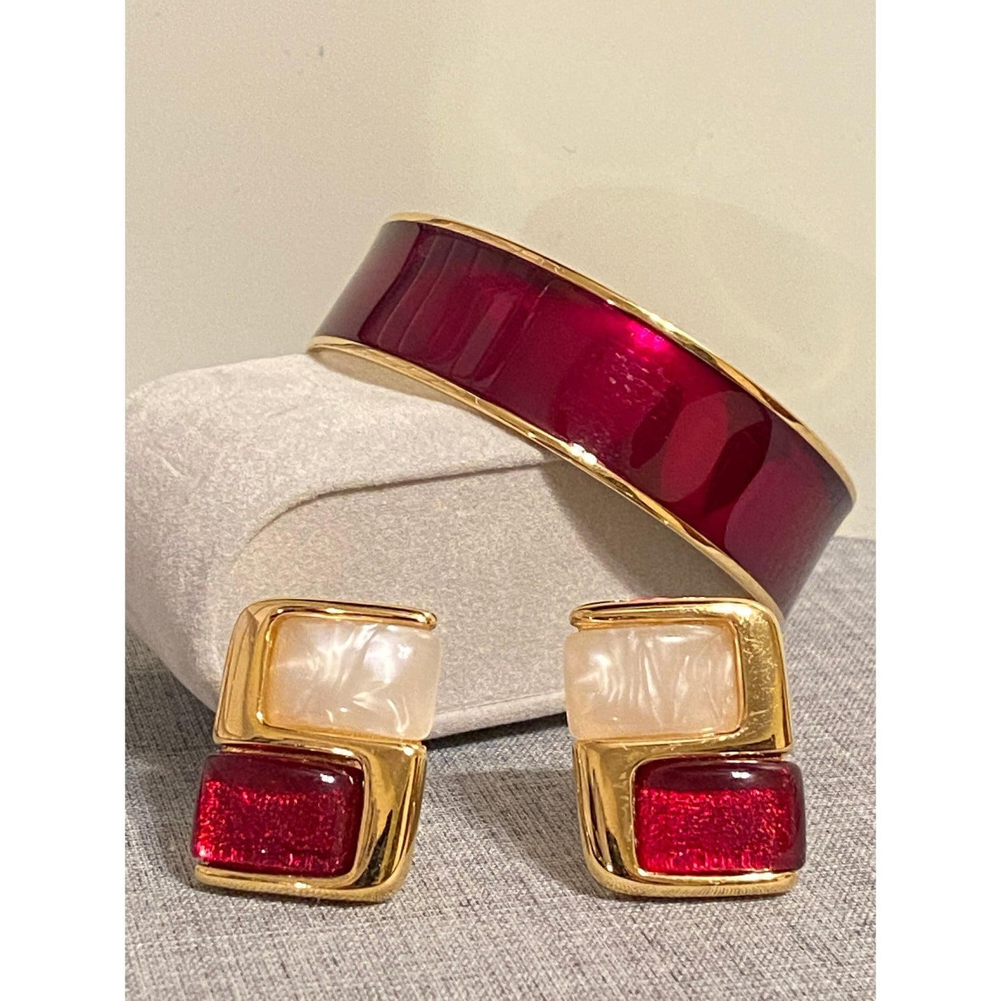 Vintage MONET Goldtone Cherry Red Metallic Bangle & Clip Earrings