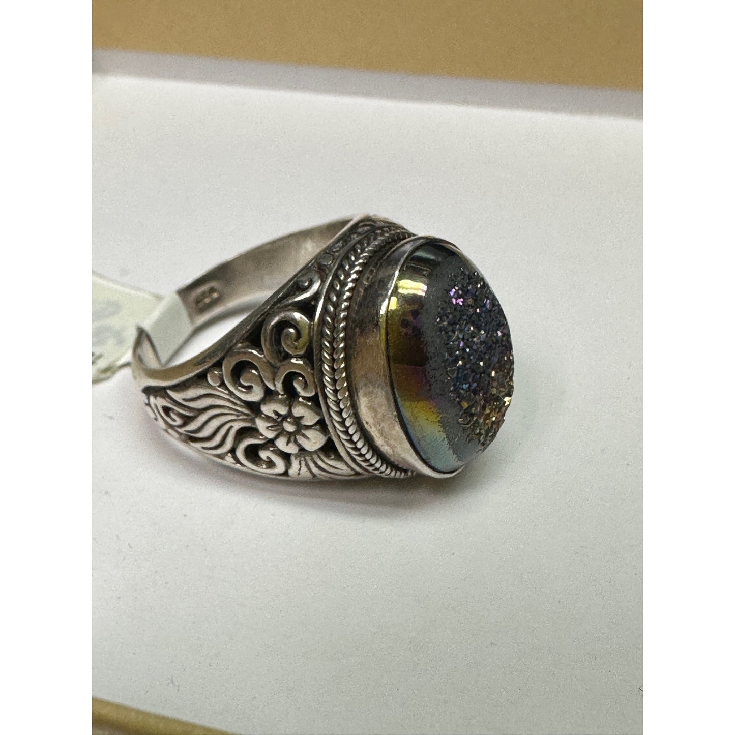 Chunky Sterling Silver Druzy Quartz Openwork Ring Size 8 3/4