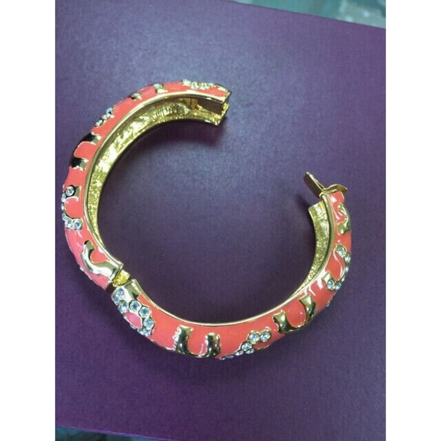 Joan Rivers Coral Enamel Rhinestone 6 3/4" Bangle Bracelet in Box