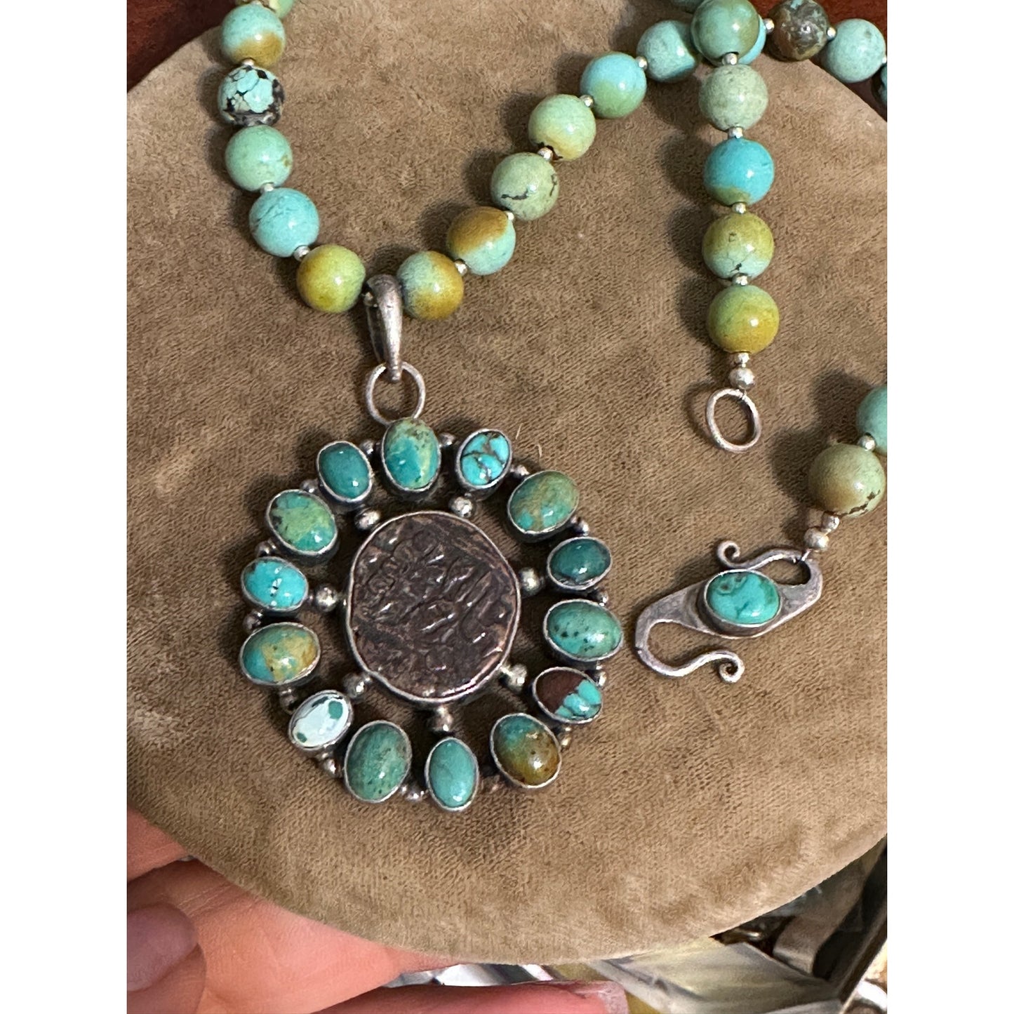 Amazing 8mm Beaded Turquoise Necklace with Silver Turquoise Ancient Coin Pendant