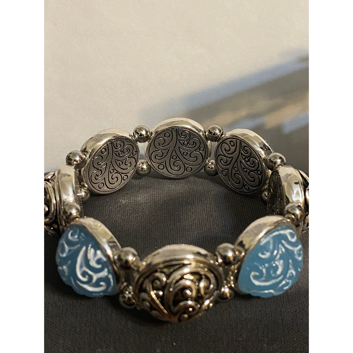 Lovely Brighton Silvertone Carved Blue Cabochon Bracelet Drop Earrings
