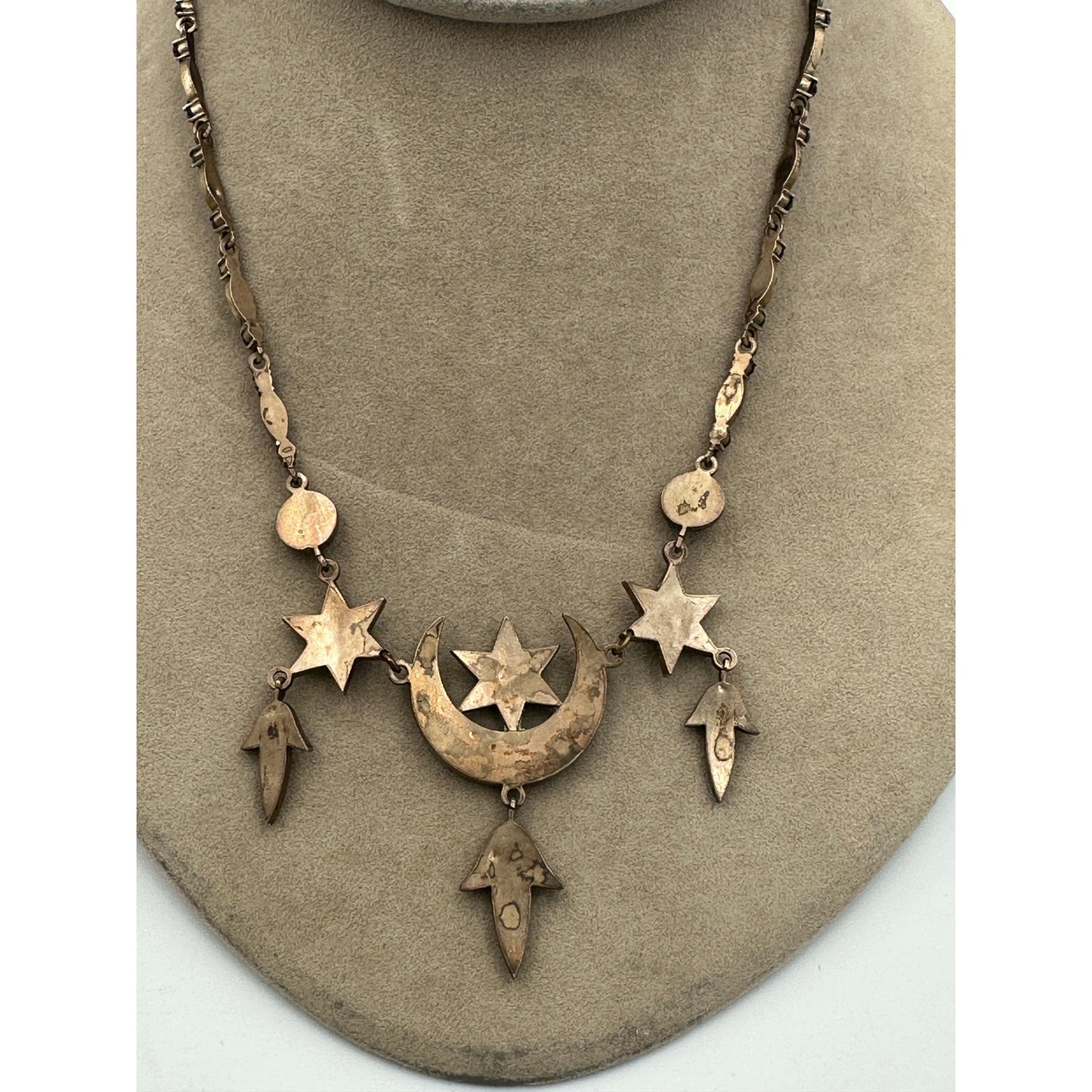 Antique Victorian Bohemian Rose Cut Garnet Moon & Stars Necklace