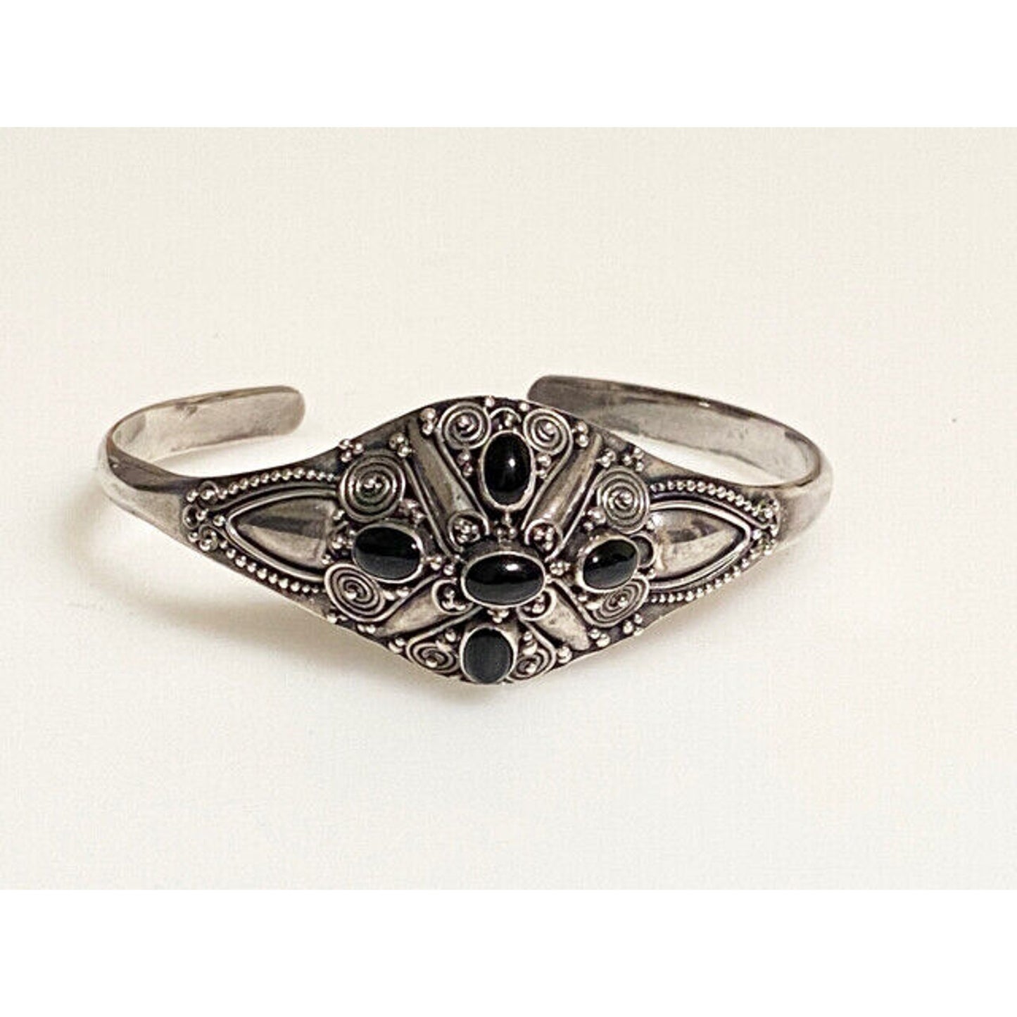 Signed ATI Sterling Silver Onyx Cuff Bracelet