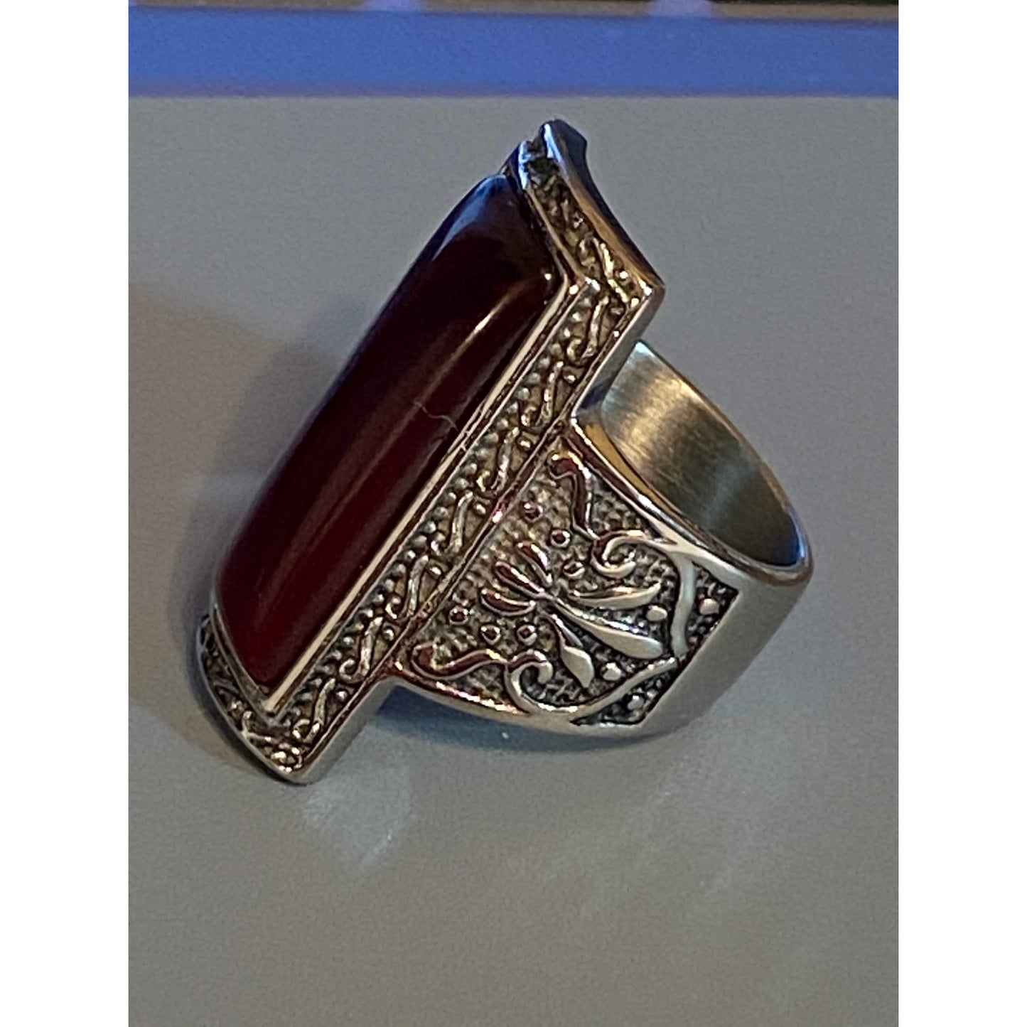 Stainless Steel 316L Elongated Red Stone Ring Size 8.5 Unisex