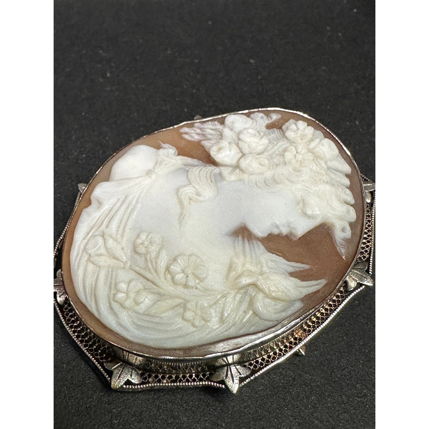 Large 14k White Gold Filigree Large Carved Shell Cameo Eyes Closed Pin/ Pendant