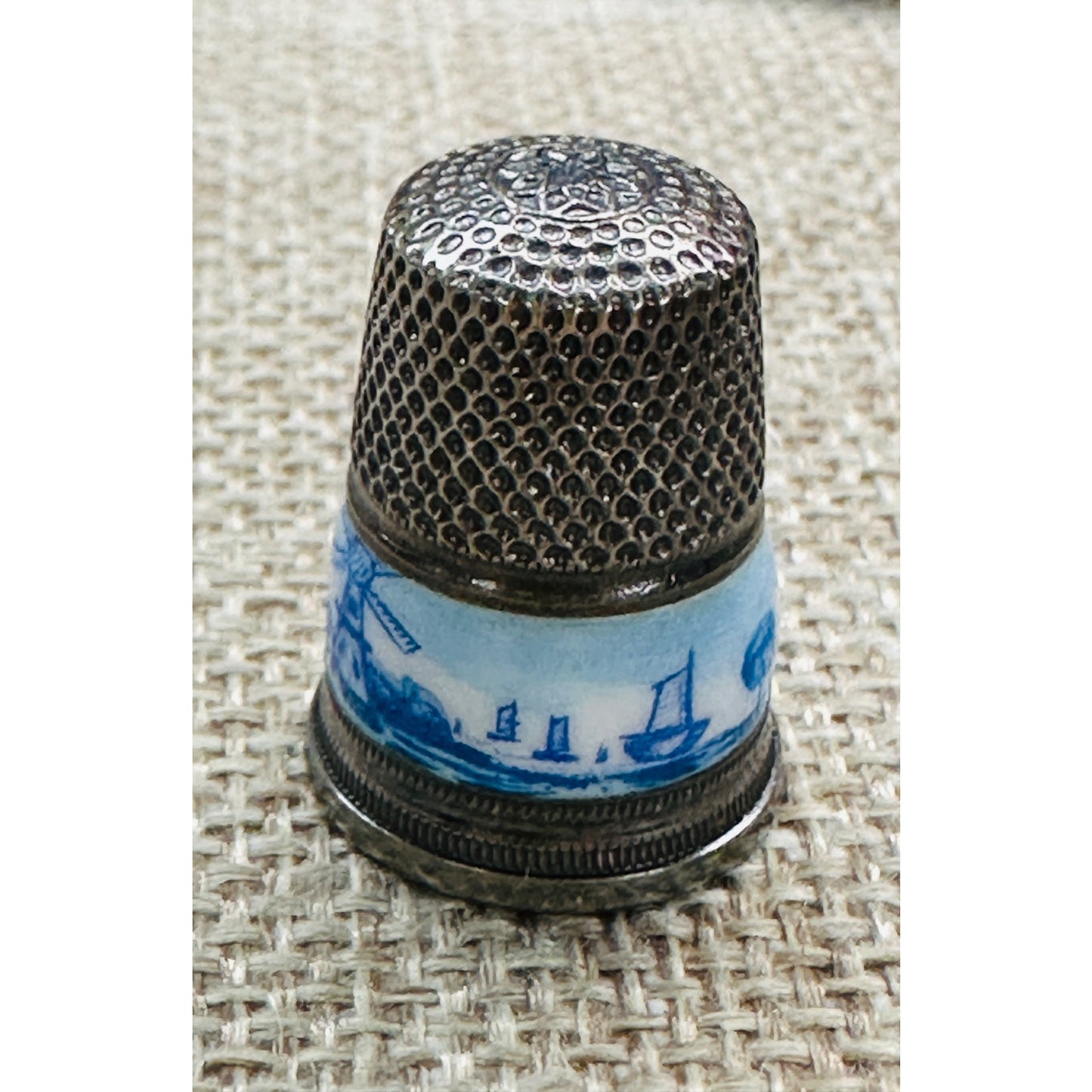 Vintage Sterling 935 Silver DUTCH DELFT ENAMEL THIMBLE - Windmill Landscape