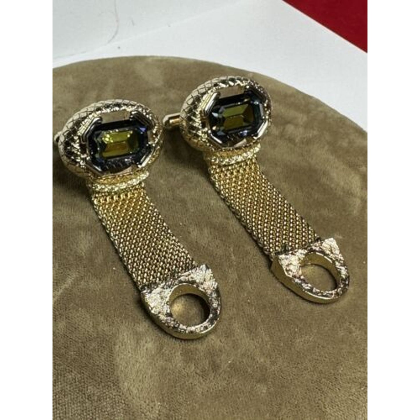 Vintage Goldtone Mesh Blue/Green Emerald Cut Rhinestone Mesh Wrap Cufflinks