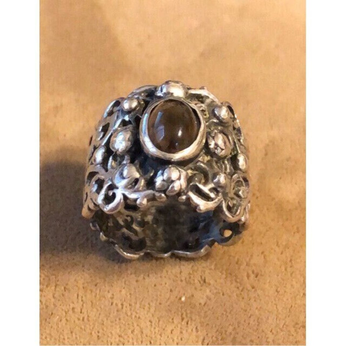 Vintage Signed GC Sterling Wide Filigree Band w/ Stone