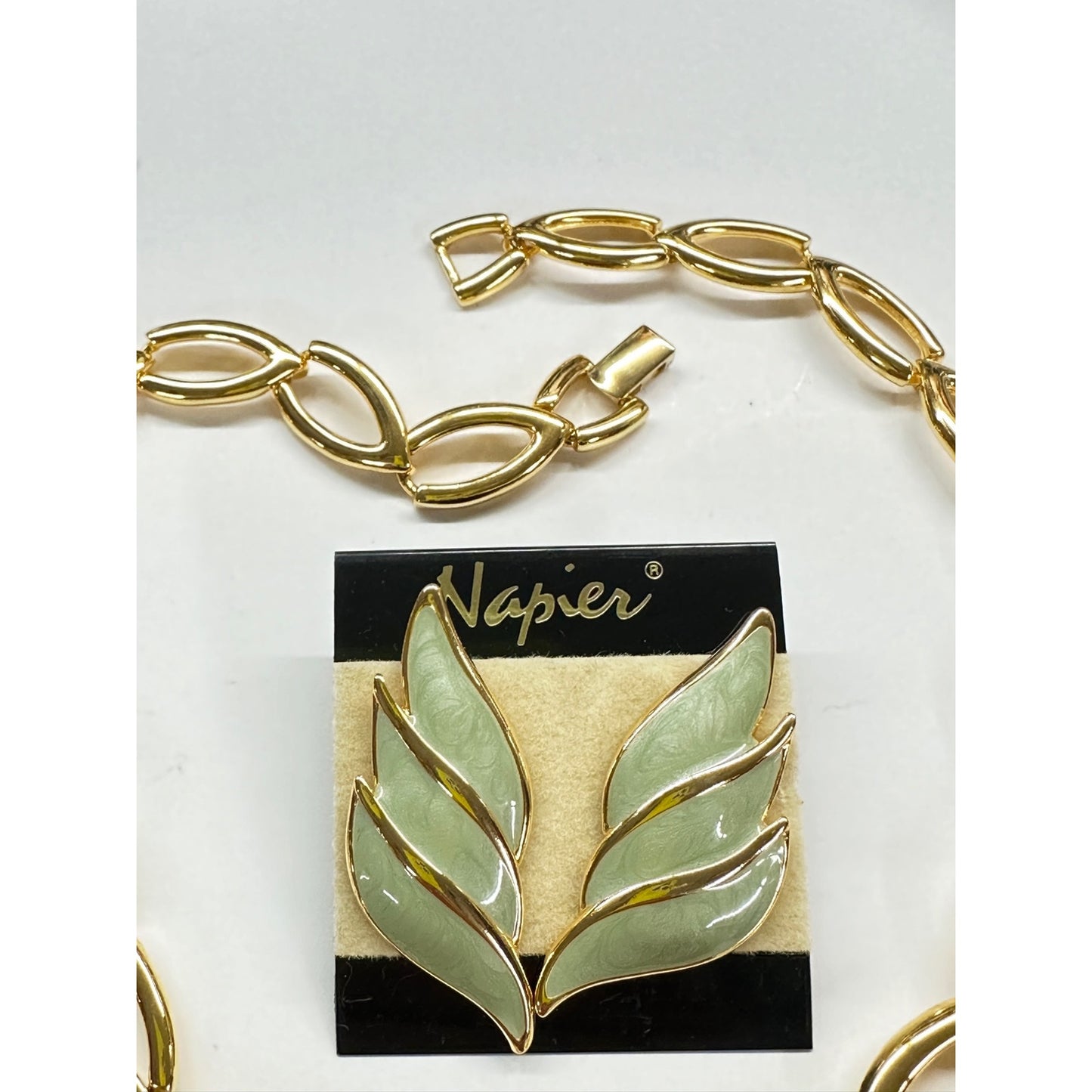 Vintage NAPIER Gold-Tone Sage Green Enamel Necklace & Earrings Set