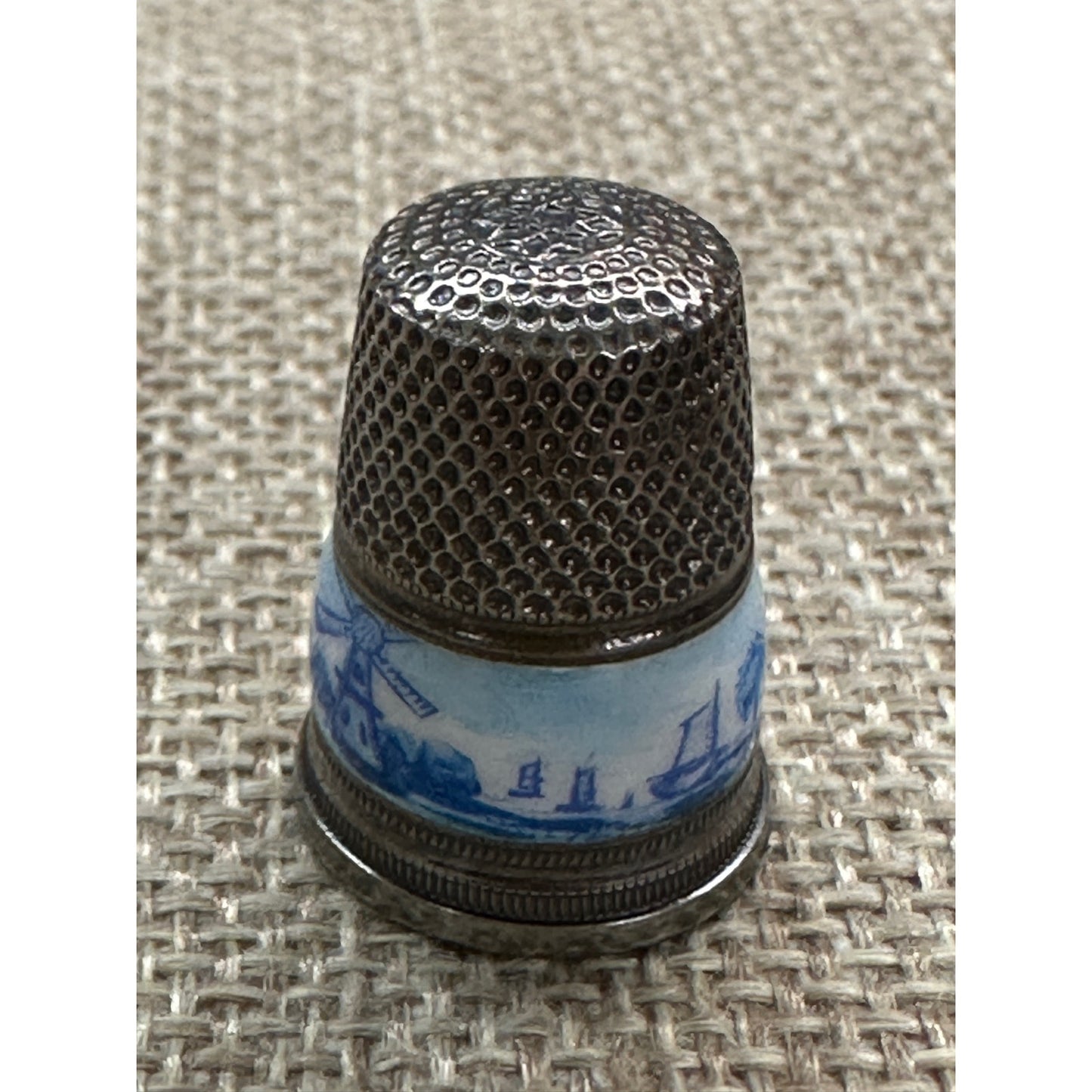 Vintage Sterling 935 Silver DUTCH DELFT ENAMEL THIMBLE - Windmill Landscape