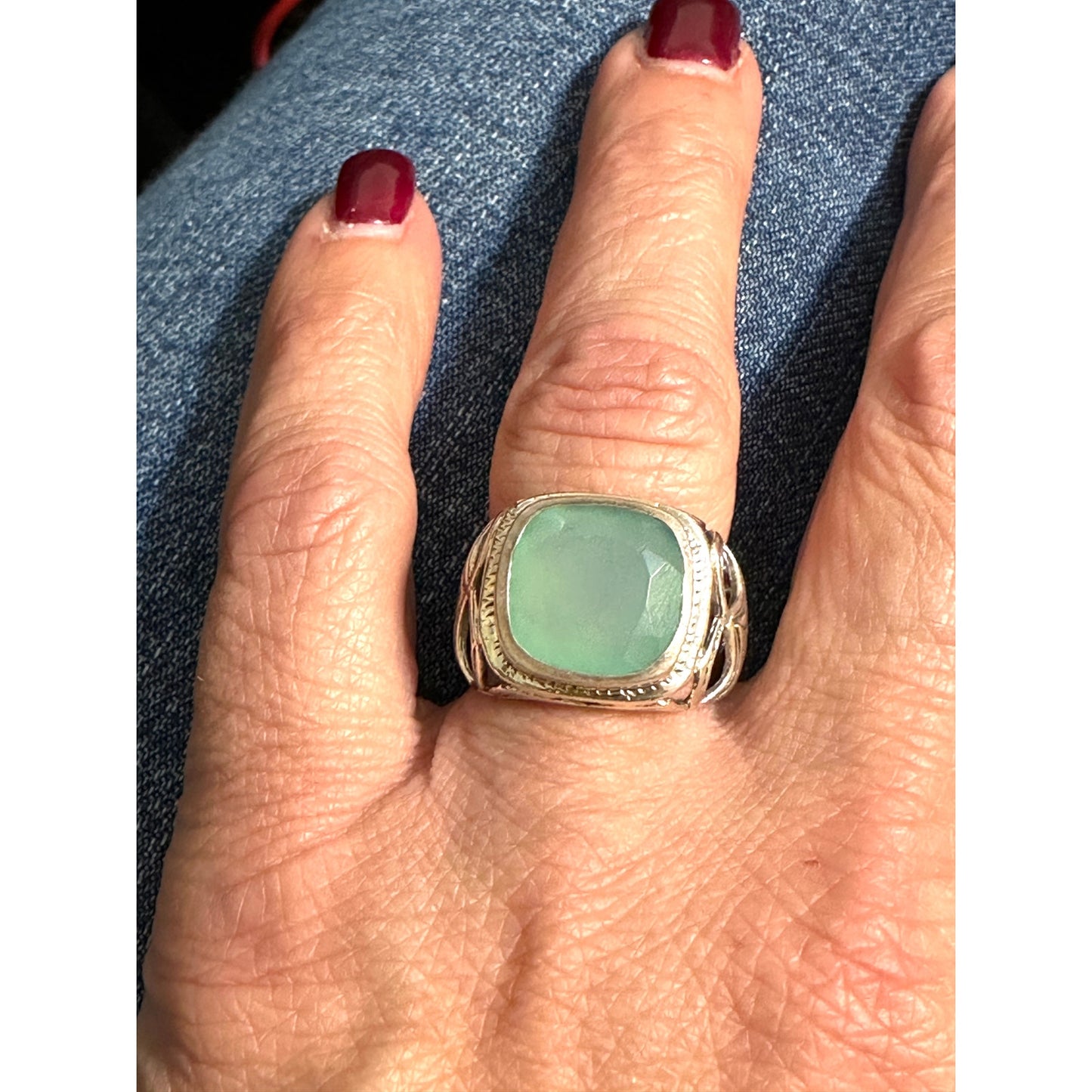Chunky Sterling Silver Green Chalcedony Ring Size 8.5