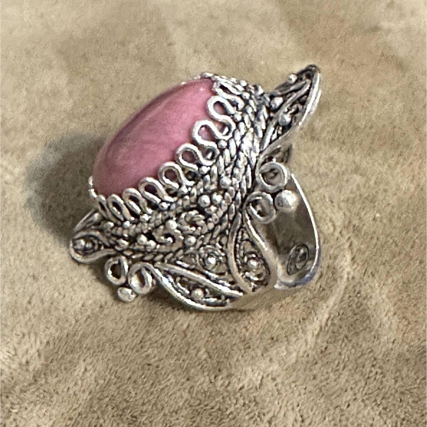Signed DGS Turkey Sterling Silver 925 Pink Rhodonite Oval Filigree Ring Size 6