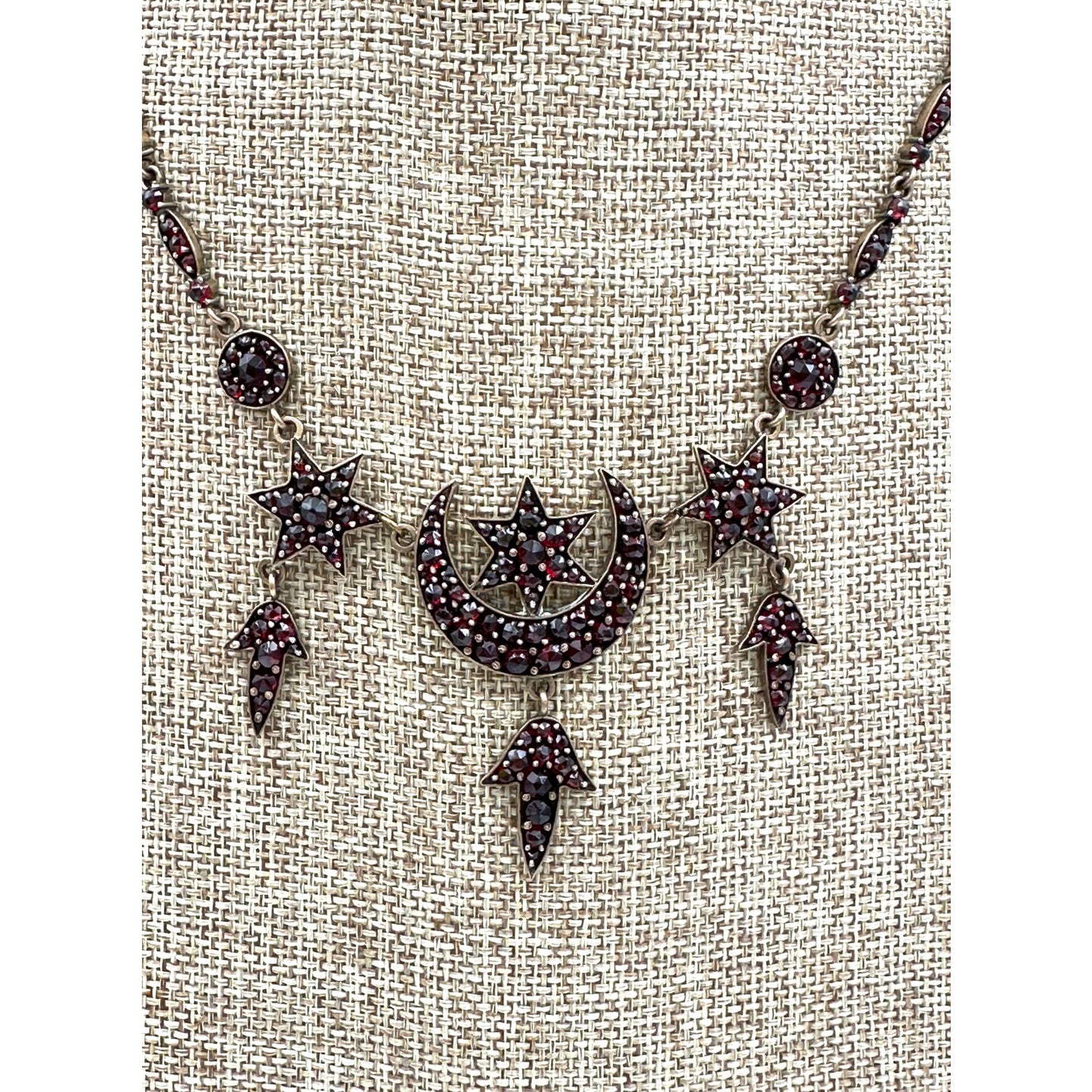 Antique Victorian Bohemian Rose Cut Garnet Moon & Stars Necklace